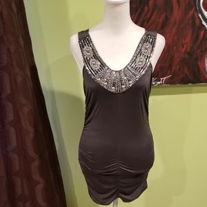 Form Fitting Ruched Mini Dress With Beading